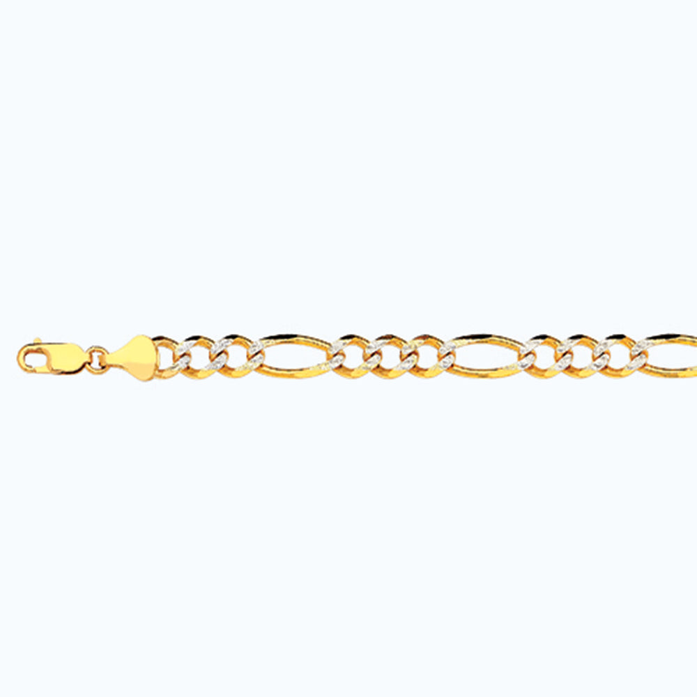 14K 8MM YELLOW GOLD SOLID PAVE FIGARO 8" CHAIN BRACELET (AVAILABLE IN LENGTHS 7" - 30")