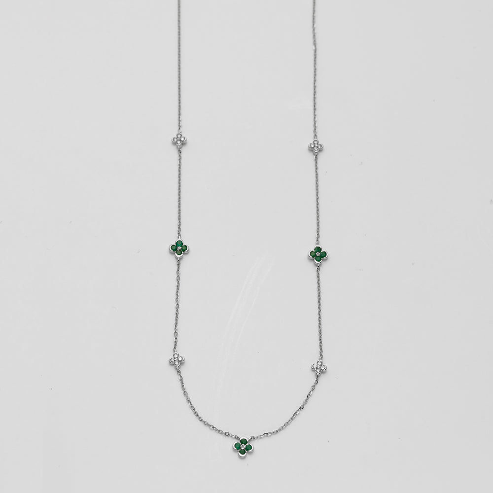 14KW 0.15CTW DIAMOND & EMERALD FLOWER NECKLACE