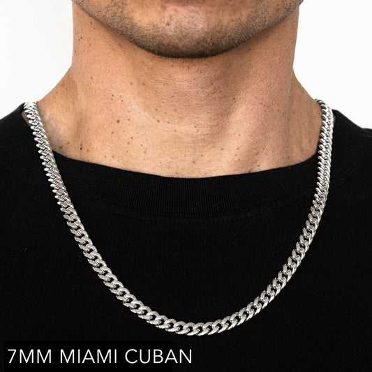 14K 7MM WHITE GOLD SOLID MIAMI CUBAN 16" CHAIN NECKLACE (AVAILABLE IN LENGTHS 7" - 30")