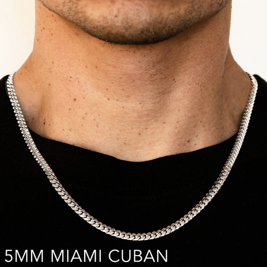 10K 5MM WHITE GOLD SOLID MIAMI CUBAN 22" CHAIN NECKLACE (AVAILABLE IN LENGTHS 7" - 30")