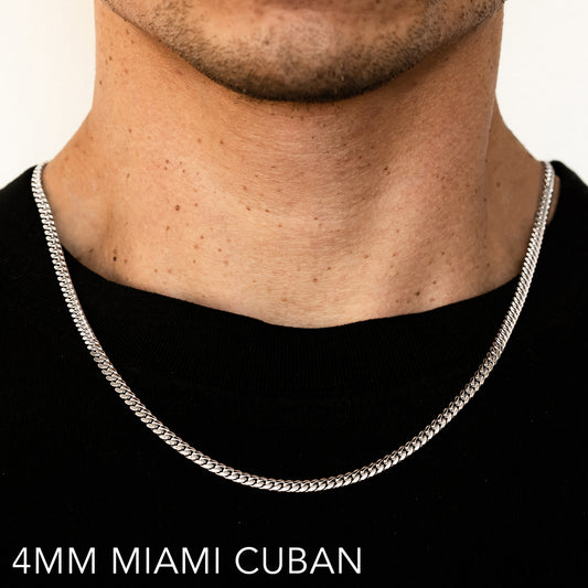 10K 4MM WHITE GOLD SOLID MIAMI CUBAN 20" CHAIN NECKLACE (AVAILABLE IN LENGTHS 7" - 30")