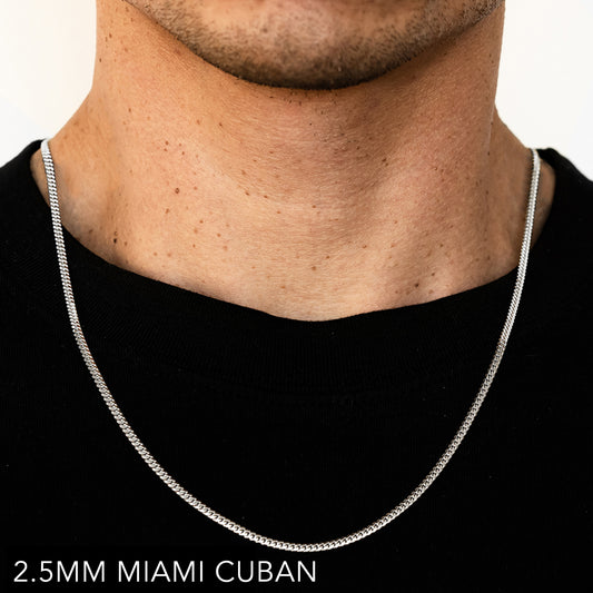 14K 2.5MM WHITE GOLD SOLID MIAMI CUBAN 28" CHAIN NECKLACE (AVAILABLE IN LENGTHS 7" - 30")