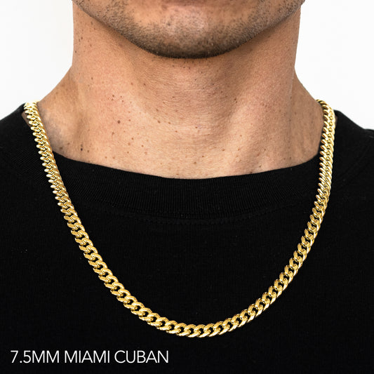 10K 7.5MM YELLOW GOLD HOLLOW MIAMI CUBAN 30" CHAIN NECKLACE (AVAILABLE IN LENGTHS 7" - 30")