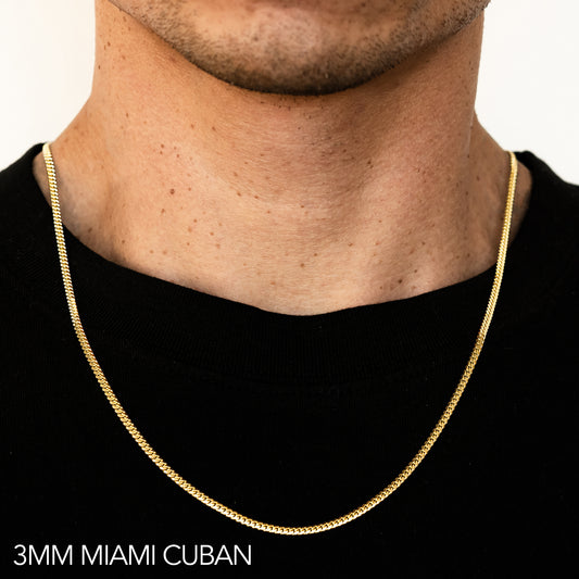 10K 3MM YELLOW GOLD HOLLOW MIAMI CUBAN 20" CHAIN NECKLACE (AVAILABLE IN LENGTHS 7" - 30")