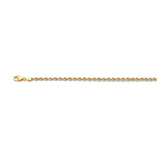 14K 2MM TWO TONE SOLID DC PRISM ROPE 7.5" CHAIN BRACELET (AVAILABLE IN LENGTHS 7" - 30")