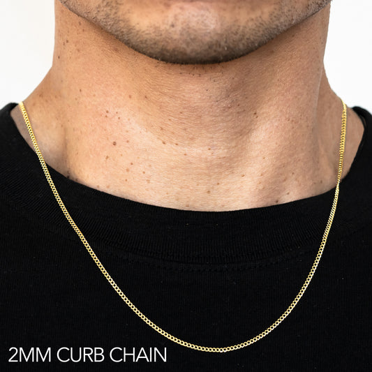 14K 2MM YELLOW GOLD SOLID CURB 16" CHAIN NECKLACE (AVAILABLE IN LENGTHS 7" - 30")