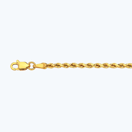 14K 2MM YELLOW GOLD DC HOLLOW ROPE 9" CHAIN BRACELET (AVAILABLE IN LENGTHS 7" - 30")