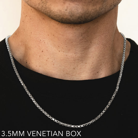 14K 3.5MM WHITE GOLD VENETIAN BOX 20" CHAIN NECKLACE (AVAILABLE IN LENGTHS 7" - 30")