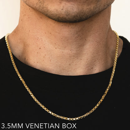 18K 3.5MM YELLOW GOLD SOLID VENETIAN BOX 26" CHAIN NECKLACE (AVAILABLE IN LENGTHS 7" - 30")