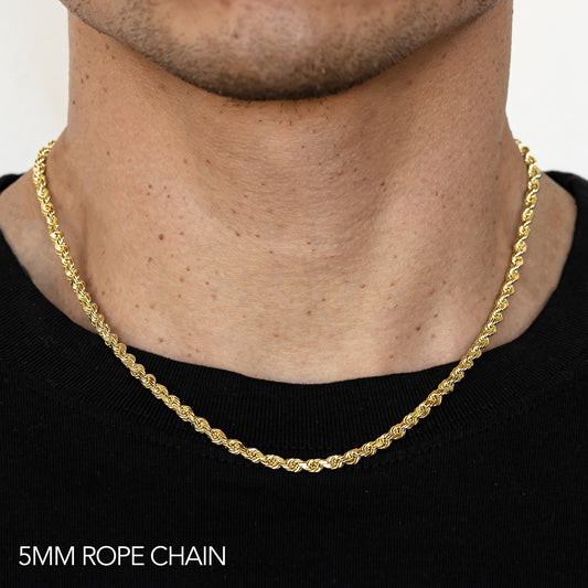 10K 5MM YELLOW GOLD SOLID DC ROPE 16" CHAIN NECKLACE (AVAILABLE IN LENGTHS 7" - 30")