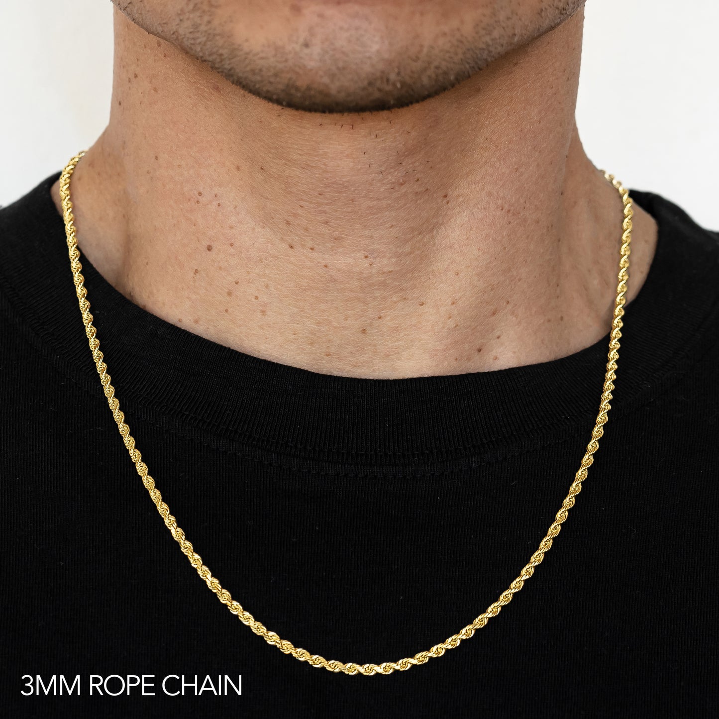 10K 3MM YELLOW GOLD SOLID DC ROPE 26" CHAIN NECKLACE (AVAILABLE IN LENGTHS 7" - 30")