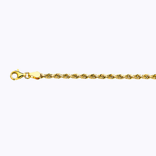 10K 3MM YELLOW GOLD SOLID DC ROPE 7" CHAIN BRACELET (AVAILABLE IN LENGTHS 7" - 30")