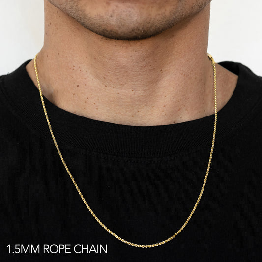 18K 1.5MM YELLOW GOLD SOLID DC ROPE 16" CHAIN NECKLACE (AVAILABLE IN LENGTHS 7" - 30")