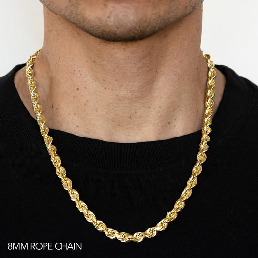 10K 8MM YELLOW GOLD SOLID DC ROPE 20" CHAIN NECKLACE (AVAILABLE IN LENGTHS 7" - 30")