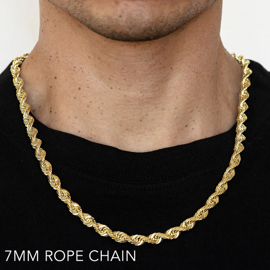 14K 7MM YELLOW GOLD SOLID DC ROPE 30" CHAIN NECKLACE (AVAILABLE IN LENGTHS 7" - 30")