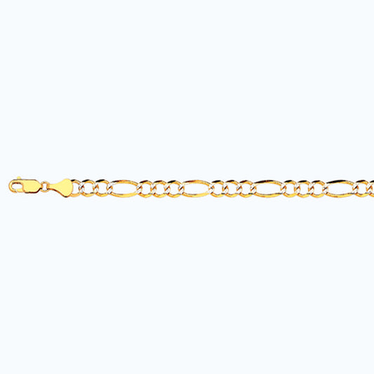 14K 5.5MM YELLOW GOLD SOLID PAVE FIGARO 7.5" CHAIN BRACELET (AVAILABLE IN LENGTHS 7" - 30")