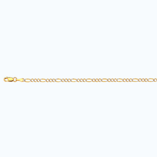 10K 2.5MM YELLOW GOLD SOLID PAVE FIGARO 7" CHAIN BRACELET (AVAILABLE IN LENGTHS 7" - 30")