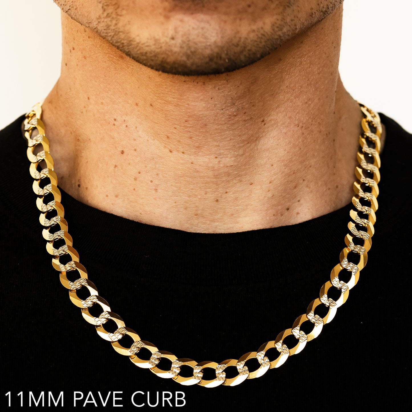 14K 11MM YELLOW GOLD SOLID PAVE CURB 22" CHAIN NECKLACE (AVAILABLE IN LENGTHS 7" - 30")