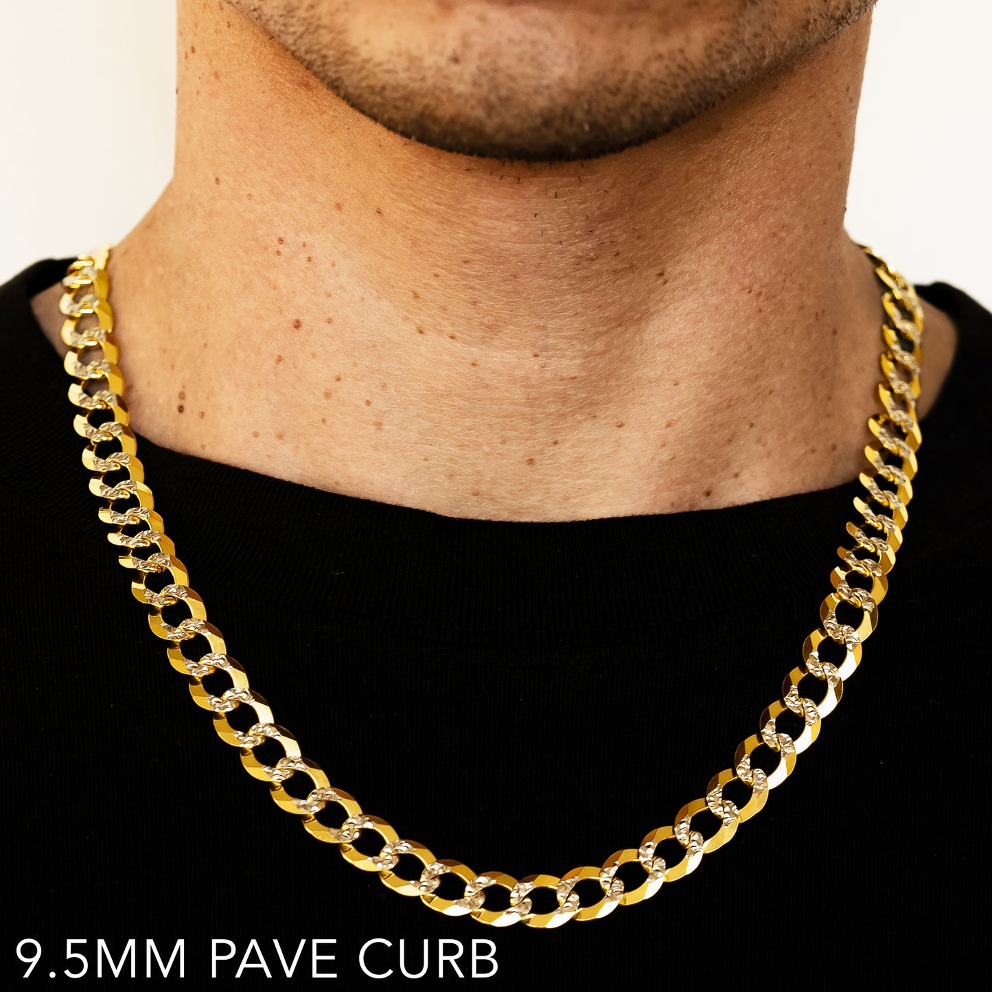 10K 9.5MM YELLOW GOLD SOLID PAVE CURB 16" CHAIN NECKLACE (AVAILABLE IN LENGTHS 7" - 30")