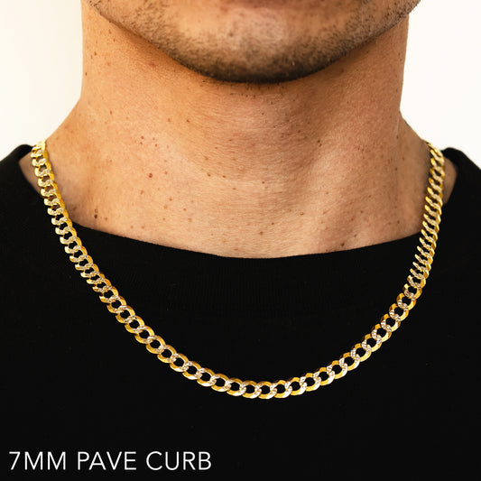 14K 7MM YELLOW GOLD SOLID PAVE CURB 16" CHAIN NECKLACE (AVAILABLE IN LENGTHS 7" - 30")