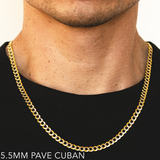 10K 5.5MM YELLOW GOLD SOLID PAVE CURB 18" CHAIN NECKLACE (AVAILABLE IN LENGTHS 7" - 30")