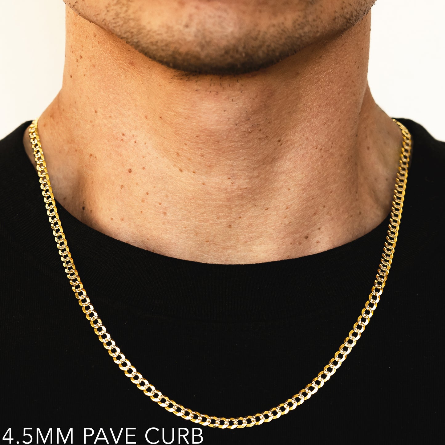 10K 4.5MM YELLOW GOLD SOLID PAVE CURB 20" CHAIN NECKLACE (AVAILABLE IN LENGTHS 7" - 30")