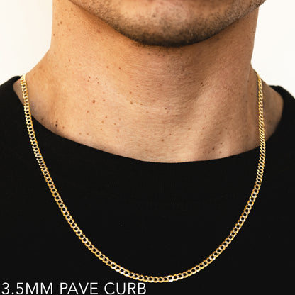 10K 3.5MM YELLOW GOLD SOLID PAVE CURB 20" CHAIN NECKLACE (AVAILABLE IN LENGTHS 7" - 30")