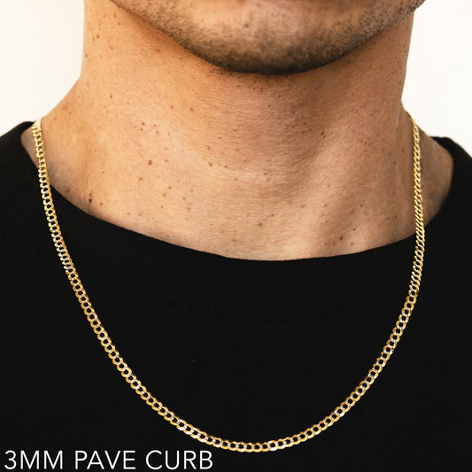 10K 3MM YELLOW GOLD SOLID PAVE CURB 30" CHAIN NECKLACE (AVAILABLE IN LENGTHS 7" - 30")