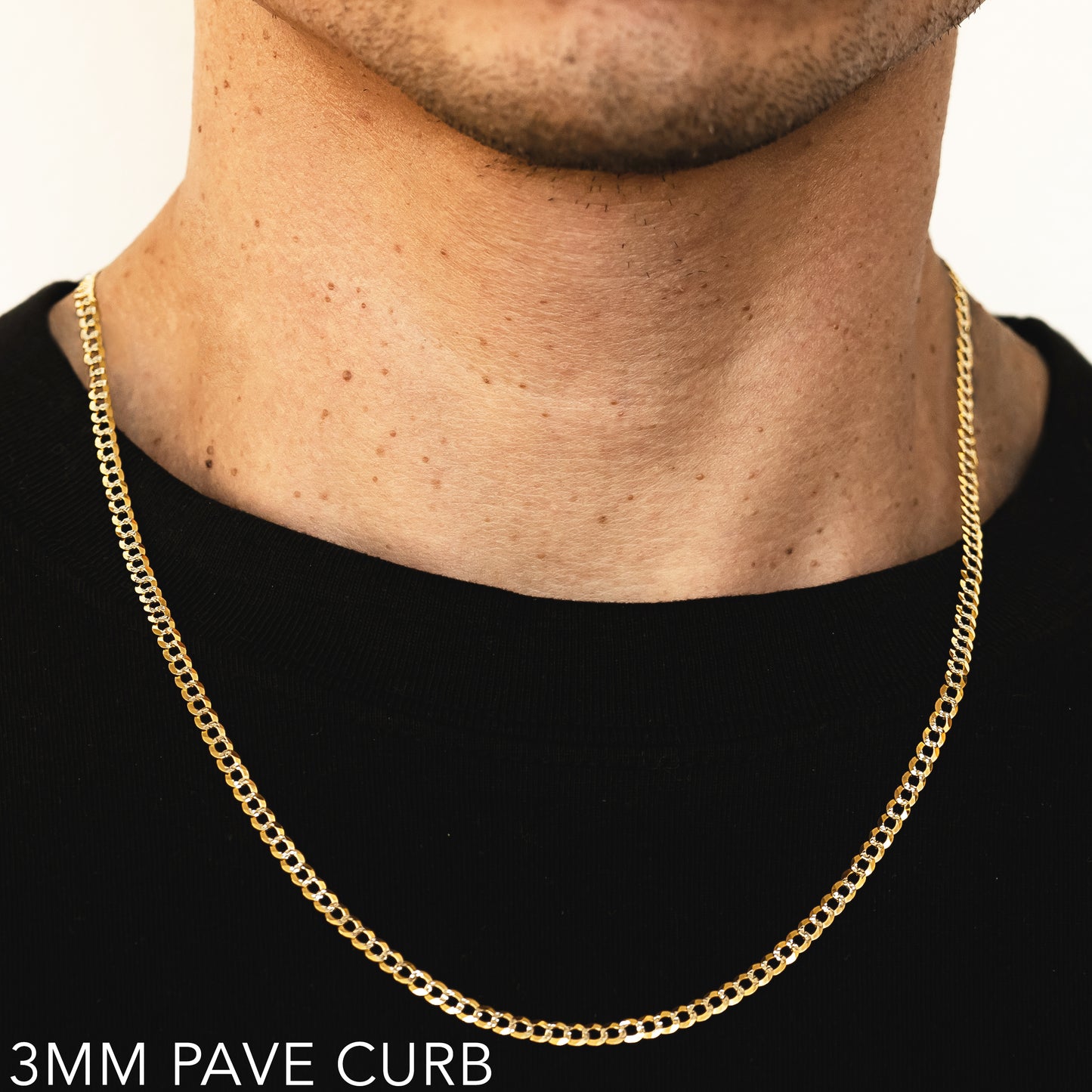 10K 3MM YELLOW GOLD SOLID PAVE CURB 20" CHAIN NECKLACE (AVAILABLE IN LENGTHS 7" - 30")