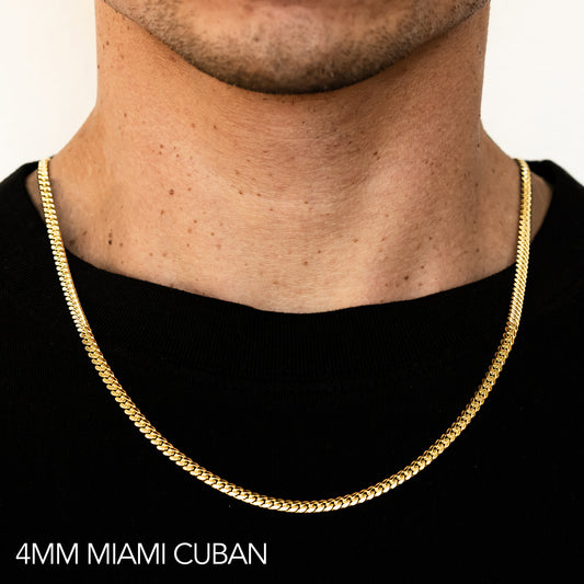 10K 4MM YELLOW GOLD SOLID MIAMI CUBAN 28" CHAIN NECKLACE (AVAILABLE IN LENGTHS 7" - 30")