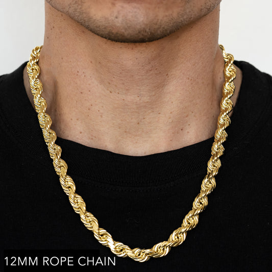 14K 12MM YELLOW GOLD SOLID DC ROPE 16" CHAIN NECKLACE (AVAILABLE IN LENGTHS 7" - 30")