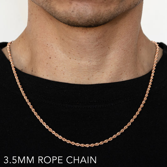 14K 3.5MM ROSE GOLD SOLID DC ROPE 18" CHAIN NECKLACE (AVAILABLE IN LENGTHS 7" - 30")