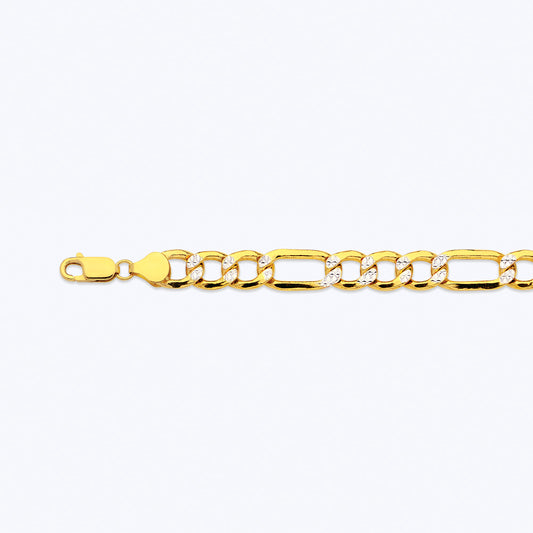 14K 10.5MM YELLOW GOLD HOLLOW PAVE FIGARO 8" CHAIN BRACELET (AVAILABLE IN LENGTHS 7" - 30")