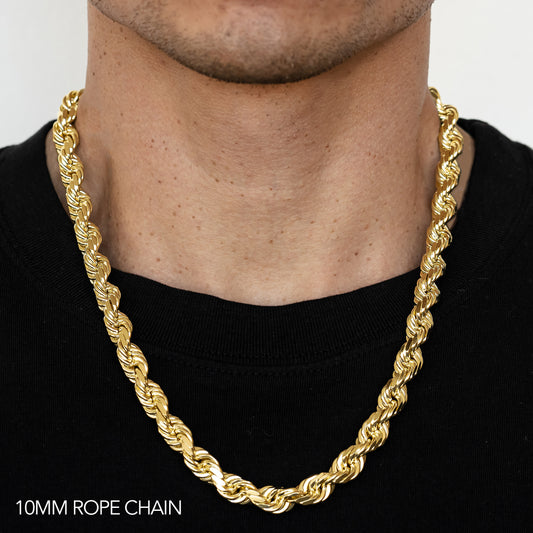 14K 10MM YELLOW GOLD SOLID DC ROPE 16" CHAIN NECKLACE (AVAILABLE IN LENGTHS 7" - 30")