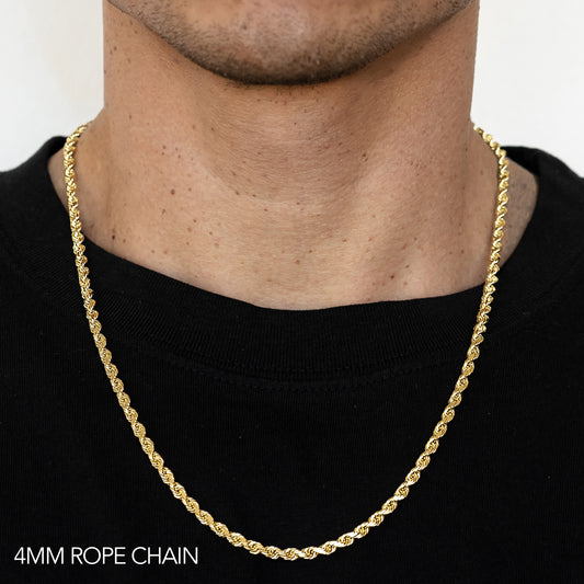 14K 4MM YELLOW GOLD DC HOLLOW ROPE 22" CHAIN NECKLACE (AVAILABLE IN LENGTHS 7" - 30")