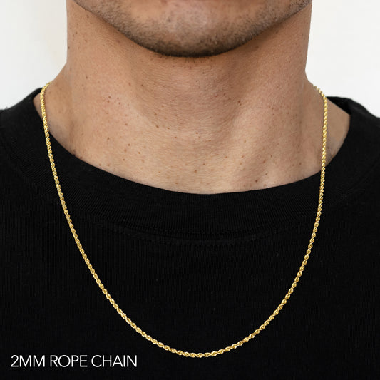 14K 2MM YELLOW GOLD SOLID DC ROPE 22" CHAIN NECKLACE (AVAILABLE IN LENGTHS 7" - 30")