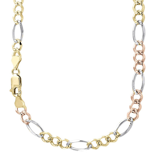 14K 6MM TRICOLOR GOLD SOLID FIGARO 16" CHAIN NECKLACE (AVAILABLE IN LENGTHS 7" - 30")