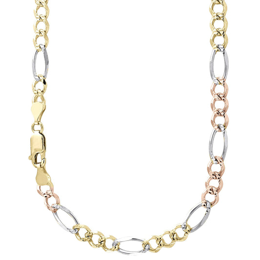 14K 5MM TRICOLOR GOLD HOLLOW FIGARO 16" CHAIN NECKLACE (AVAILABLE IN LENGTHS 7" - 30")