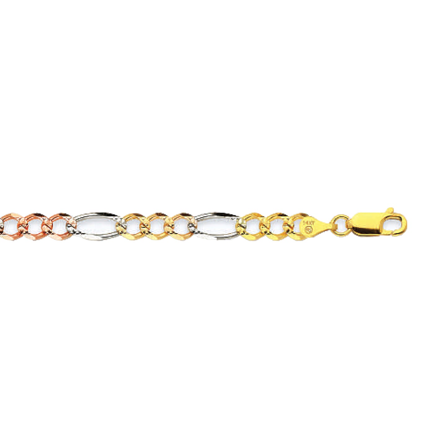 14K 5MM TRICOLOR GOLD SOLID FIGARO 16" CHAIN NECKLACE (AVAILABLE IN LENGTHS 7" - 30")