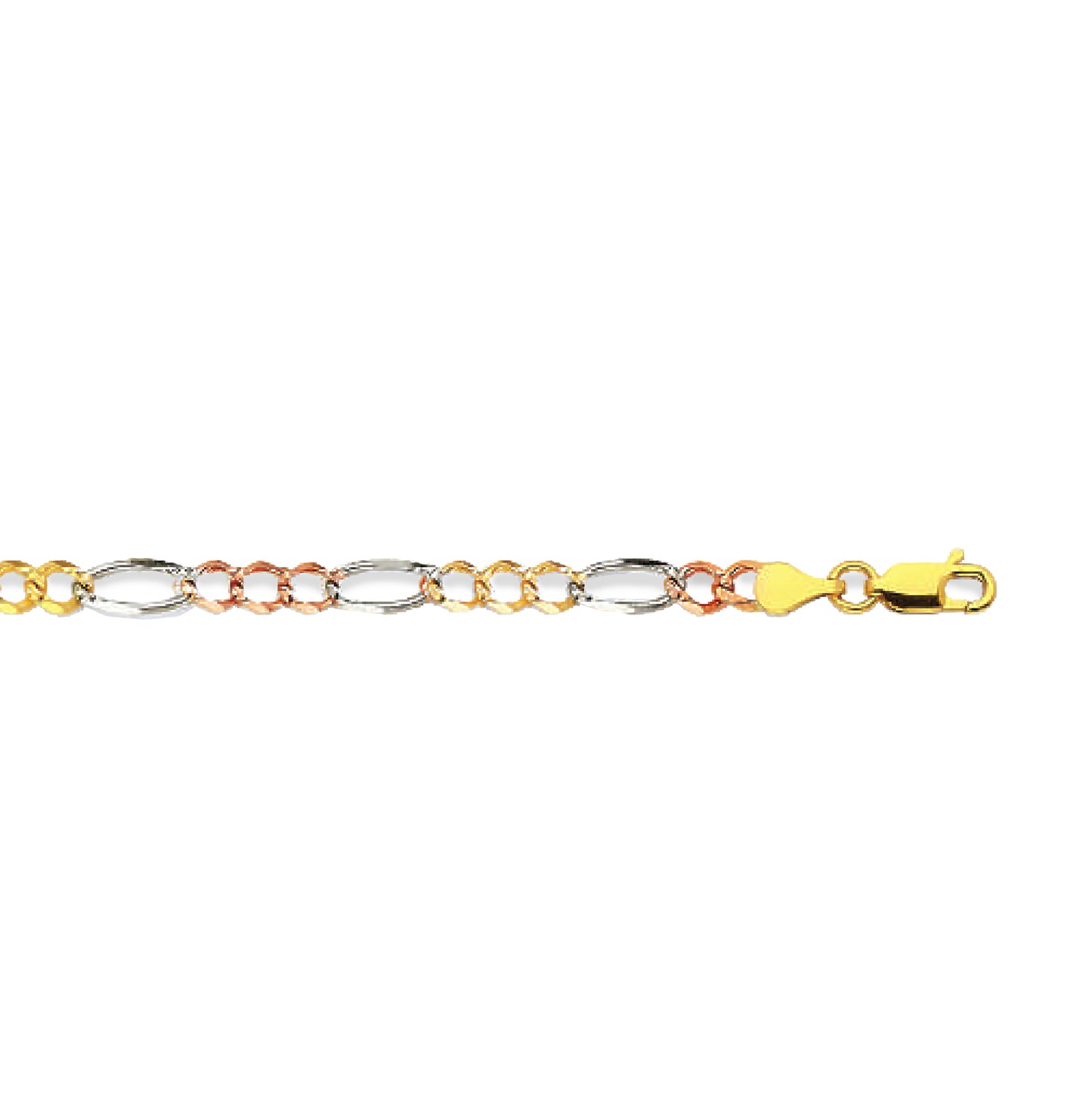 14K 4.5MM TRICOLOR GOLD HOLLOW FIGARO 16" CHAIN NECKLACE (AVAILABLE IN LENGTHS 7" - 30")