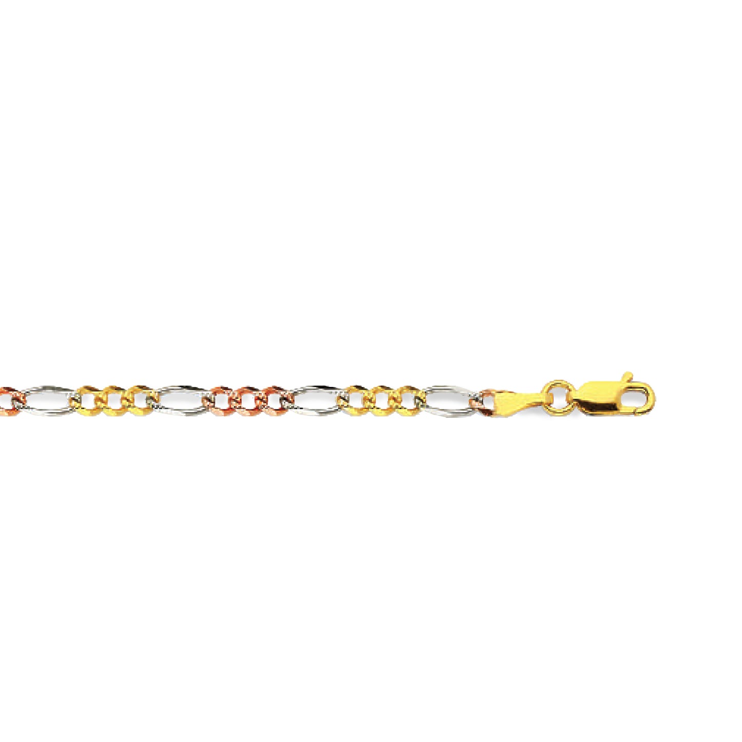 14K 3MM TRICOLOR GOLD HOLLOW FIGARO 16" CHAIN NECKLACE (AVAILABLE IN LENGTHS 7" - 30")