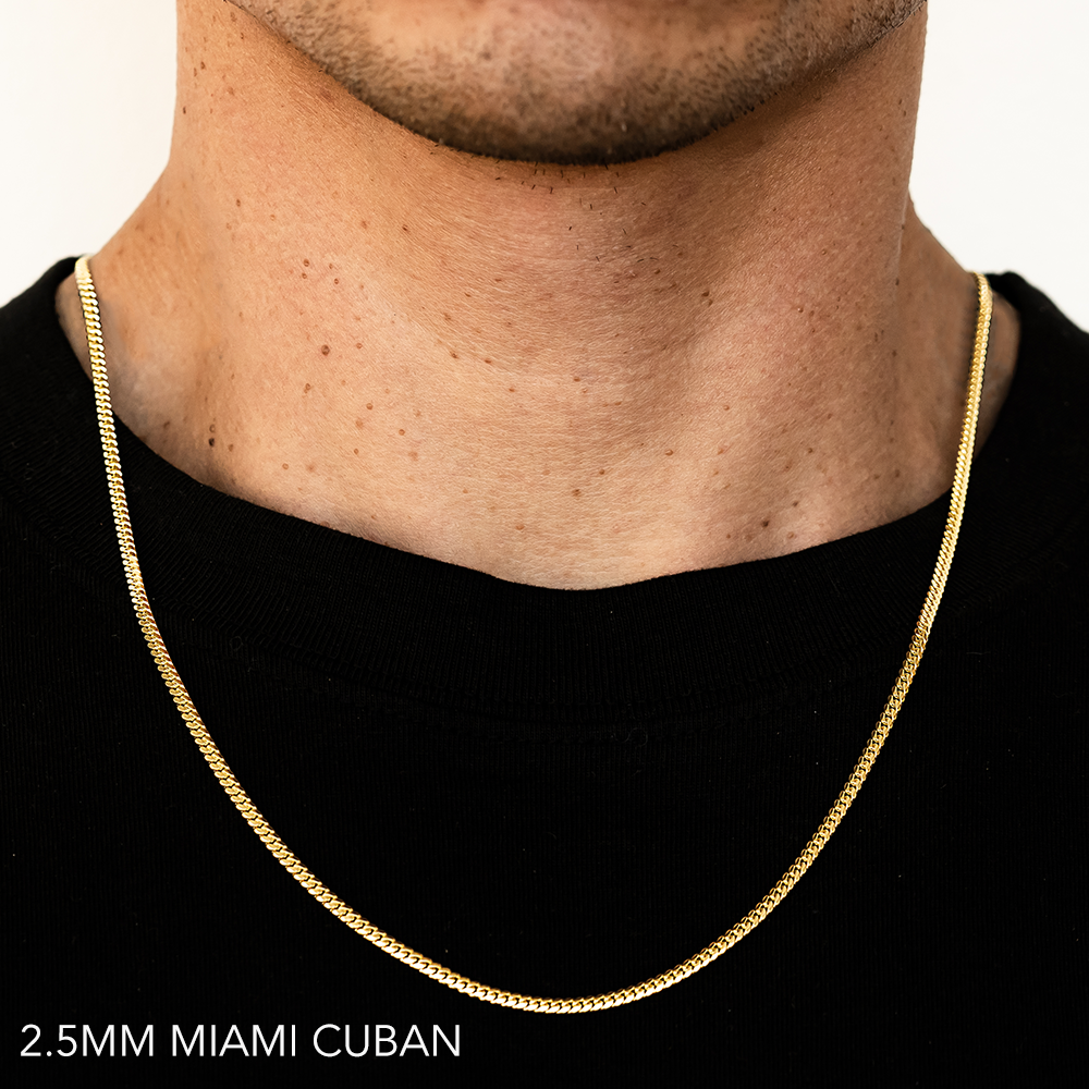 14K 2.5MM YELLOW GOLD SOLID MIAMI CUBAN 16" CHAIN NECKLACE (AVAILABLE IN LENGTHS 7" - 30")