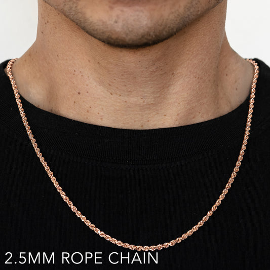 14K 2.5MM ROSE GOLD SOLID DC ROPE 16" CHAIN NECKLACE (AVAILABLE IN LENGTHS 7" - 30")