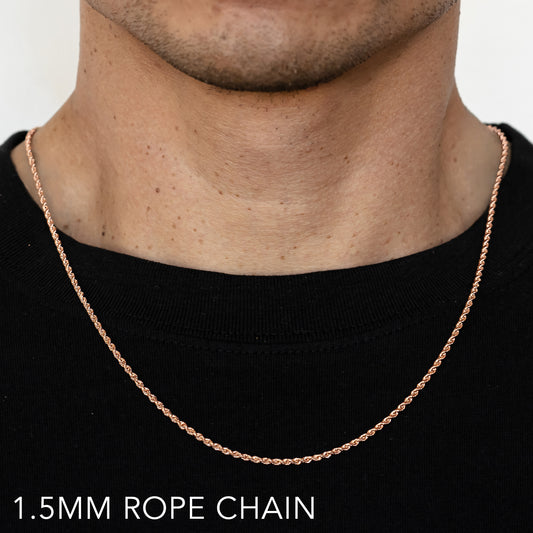 14K 1.5MM ROSE GOLD SOLID DC ROPE 20" CHAIN NECKLACE (AVAILABLE IN LENGTHS 7" - 30")